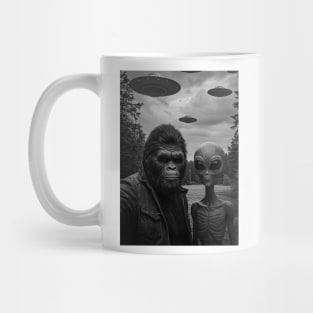 Funny Bigfoot Selfie with Alien and UFOs Mug